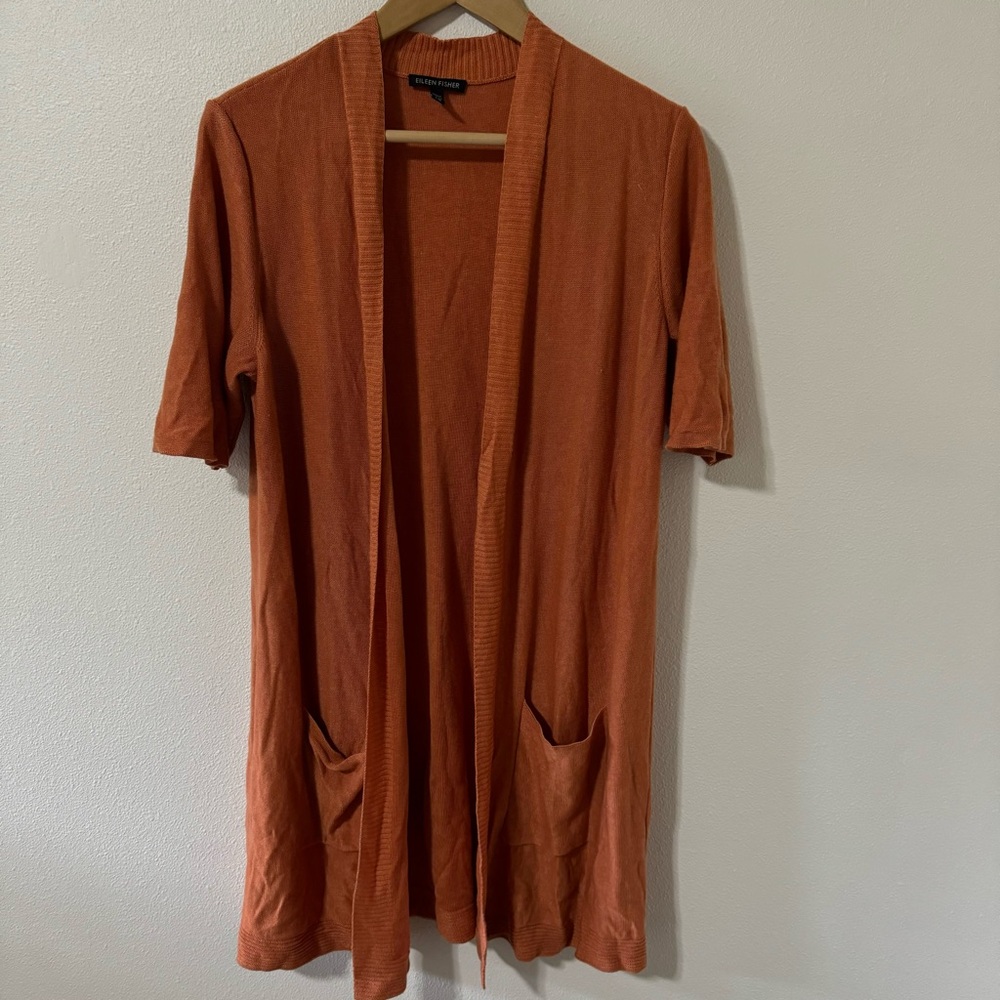 Eileen Fisher Merino Wool Tencel Longline Open Cardigan Orange Short Sleeve-L
